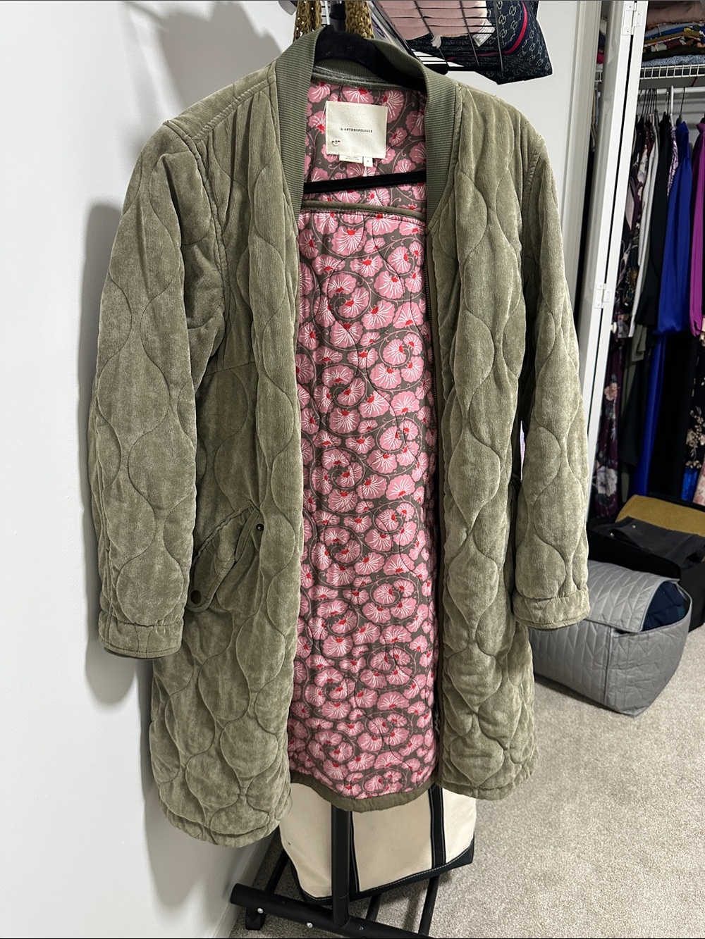Anthropologie Olive Green Quilted Jacket with Pink Floral Lining